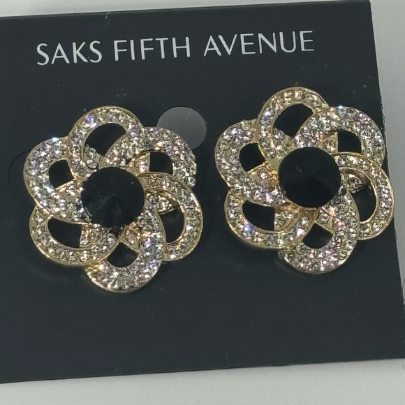 Saks Fifth Ave Gold Tone Flower Crystal Post Earrings With Black Crystal Center - Picture 2 of 7